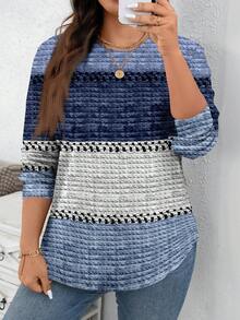 EMERY ROSE Áo nỉ cổ tròn in họa tiết sọc xanh trắng ombre phong cách Lễ Tạ ơn mùa thu, dáng rộng, tối giản, cỡ lớn, mùa thu/đông - Nhiều màu - Xem 4