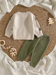 Loomiva Newborn Baby Boy/Girl Christmas Tree Pattern Knit Soft Crew Neck Long Sleeve Sweater And Elastic Waist Pants 2-Piece Set - Multicolor - View 2