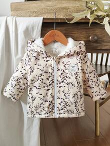 SHEIN Vintaside Kids 复古碎花连帽女婴外套，拉链闭合，保暖内衬，休闲时尚冬季外套 - 彩色 - 查看 6