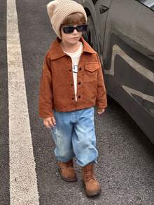 Young Boy复古焦糖棕色灯芯绒口袋翻领纽扣夹克搭配浅桃色柔软保暖羊毛英文“HELLO”衬里服装套装 - 咖啡棕 - 查看 6