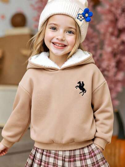 SHEIN Young Girl Fashion Design Casual Cute Versatile Khaki Warm Lined Hooded Sweatshirt, Suitable For Young Girls, Autumn And Winter, Khaki Sweatshirt, Pony Animal Embroidery Khaki Sweatshirt, Plush Lining Sweatshirt, Fashion Design Cutting-Edge Fashion Design Can Be Worn Indoors And Outdoors, Simple Style, Suitable For Indoor, Outdoor, Daily, Sports, Play, Party, Photo, Vacation, Festival