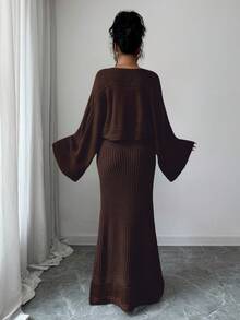 Elenzga 女士秋冬休闲针织毛衣上衣和镂空花卉图案开衫两件套，百搭优雅，适合外出、工作、上学、度假 - 咖啡棕 - 查看 2