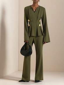 Lyxana Bell Sleeve Shirt & Flared Pants Set With Metal Decor - Army Green - View 4