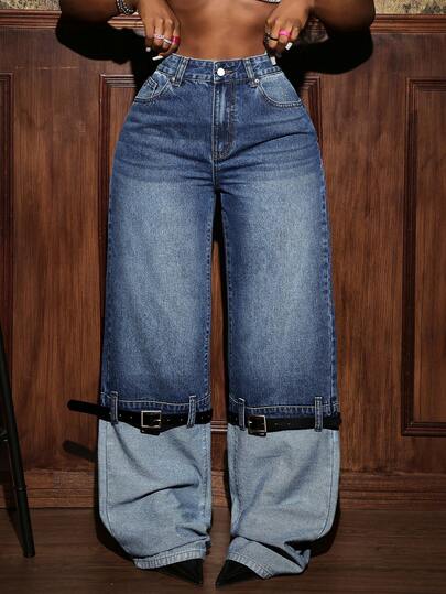 Slaydiva 女式休闲时尚街头时尚高腰搭扣腰带细节拼接宽松阔腿牛仔裤
