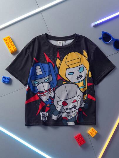 Transformers X SHEIN 小男孩休闲卡通机器人印花圆领短袖T恤，夏季