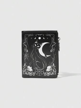 Gothic Crescent Moon & Black Cat Print Multi-Functional Multi-Card Slot Five-Pointed Star Zipper Short Wallet, Casual Fashion Card Holder, Coin Purse