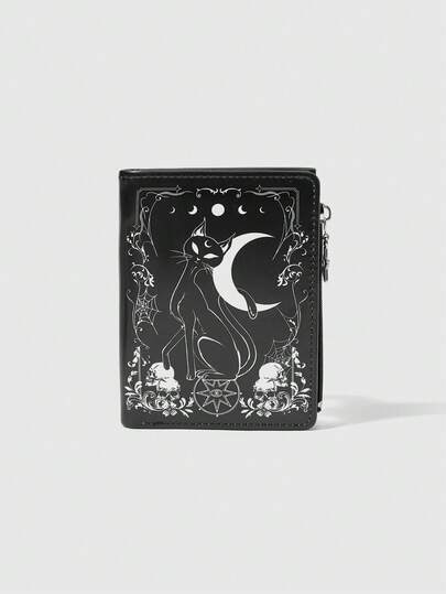 Goth Gotischer Halbmond & Schwarze Katze Muster Multifunktions Mehrfach-Kartenfach Fünfzackiger Stern Reißverschluss Kurzbörse, Lässige Mode Kartenetui, Münzbörse