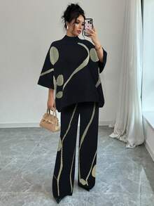 SHEIN PETITE 女式宽松蝙蝠袖立领针织上衣和阔腿裤两件套，秋冬 - 黑色 - 查看 1