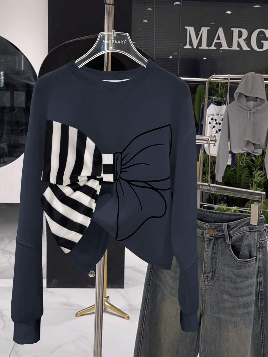 GlowEve Sweatshirt Wanita Lengan Panjang Longgar Kasual dengan Motif Garis dan Pita, Kerah Bulat, dan Bahu Longgar - Navy Blue - View 1