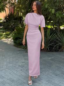 Aloruh 全新纯色百搭优雅知性简约办公室通勤褶饰宽松上衣紧身裙长袖中长连衣裙 - 紫丁香色 - 查看 7