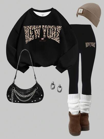 Slaydiva 豹纹纽约英伦图案加大码卫衣和紧身裤两件套，适合秋冬季