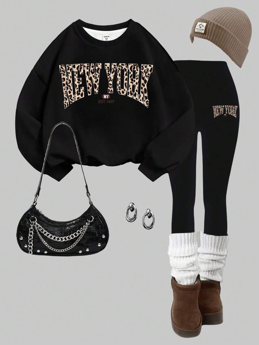 Slaydiva 豹纹纽约英伦图案加大码卫衣和紧身裤两件套，适合秋冬季