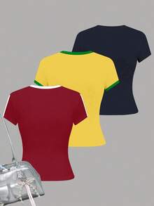 SHEIN 3 件套青少年女孩复古街头风格图案 T 恤，修身圆领短袖 T 恤，夏季舒适休闲，采用多巴胺、复古红、亮黄色设计，轻松舒适，适合秋季儿童分层穿着，时尚儿童休闲装，儿童图案服装，开学季，秋季