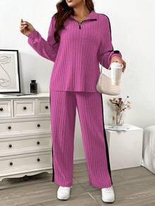 EMERY ROSE 大码拉链领柔软针织罗纹布侧色拼接灯笼袖T恤+罗纹布侧色拼接阔腿裤休闲家居两件套 - 彩色 - 查看 3