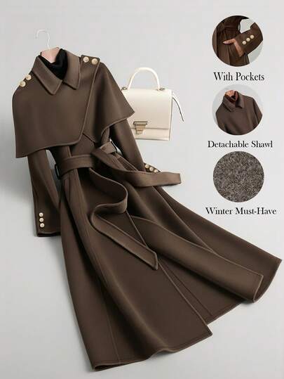 GlowEve Women's Elegant Cinched Waist Wrap Coat, Simple Solid Color Long Sleeve Maxi Cardigan Suitable For Outings, Autumn/Winter