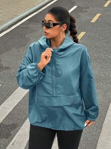 SHEIN EZwear 大码纯色连帽拉链休闲长袖夹克 - 軍綠色 - 查看 4