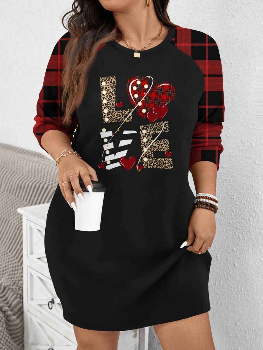 EMERY ROSE Christmas Textured Red Plaid Love Letter Print Casual Minimalist Plus Size Sweatshirt, Autumn/Winter/Valentine's Day - Multicolor - View 1