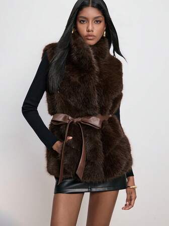 ATUI Studio Autumn/Winter Fashionable Retro Faux Fur Vest With Belt