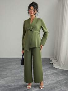 Momance 女士优雅领口 V 领长袖独特腰带夹克和直筒阔腿裤孕妇装两件套 - 綠色 - 查看 5