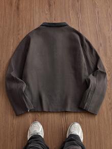 Manfinity Unisex 标准尺码男士时尚刺绣拼接长袖外套，适合秋季、冬季及情侣穿着 - 灰色 - 查看 3