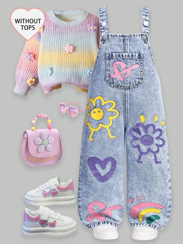 SHEIN Girls' New Floral, Heart, Rainbow Graffiti Fashion Casual Comfortable Soft Denim Jumpsuit Fall Winter