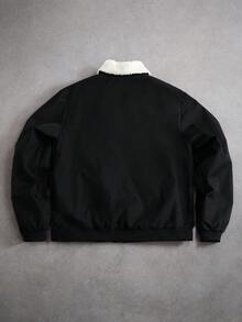 Manfinity Roghcode 男士休闲毛绒领拉链加厚羽绒服棒球夹克，羊毛领复古夹克，黑色，冬季 - 黑色 - 查看 2