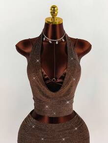 Amplova 女式性感金属闪光垂坠领露背前系带上衣和抽绳褶饰迷你裙 2 件套，时尚派对装 - 棕色 - 查看 4