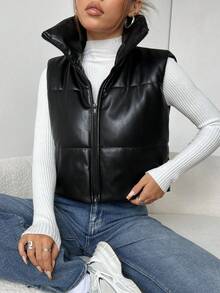 SHEIN EZwear Women Simple Plain Short Leather-Padded Coat , Winter Vest - Black - View 5