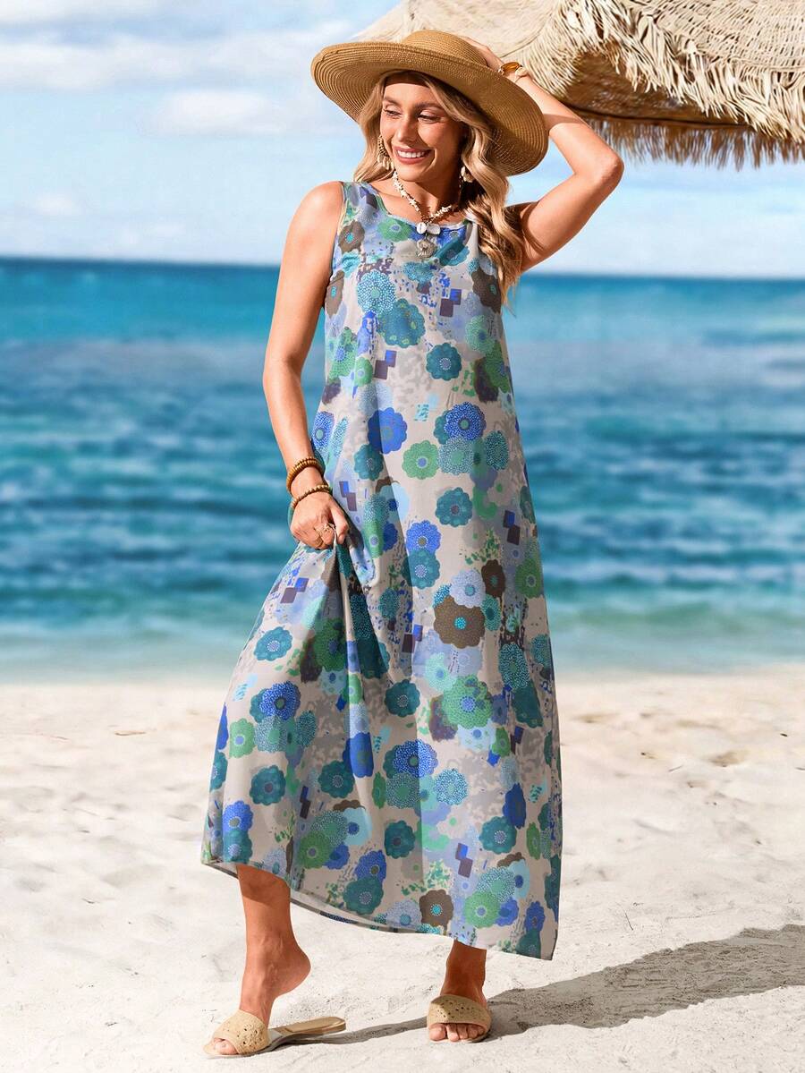 Sylviya Women's Casual Floral Print Round Neck Sleeveless Dress, Vacation Dresses - Multicolor - View 1