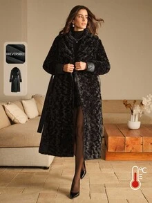 Anewsta Women's Reversible Casual Waist Cinched Faux Fur Coat, Suitable For Fall, Winter, Going Out, Elegant, Chic, Formal, Christmas - Black - View 3