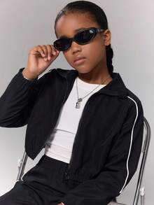 بنطلون فضفاض + جاكيت قصير ياقة عالية بتصميم أبيض وأسود متباين، مناسب للفتيات المراهقات للاستخدام اليومي في المدرسة والرياضة والشارع في فصلي الخريف والشتاء - الأسود - مشاهدة 5