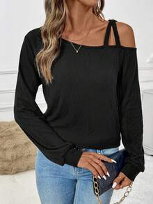 SHEIN Clasi Women's Solid Color Asymmetrical Shoulder Long Sleeve Casual Fashion T-Shirt In Fall/Winter, Black Long Sleeve Knit T-Shirt, New Year Thanksgiving Party