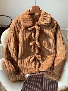 Comfortcana Women's Fashion Casual Bow Faux Fur Long Sleeve Jacket - Mocha Brown - View 6