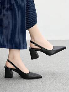 CUCCOO BIZCHIC 女士时尚黑色后带侧扣粗跟尖头高跟鞋，后带穆勒鞋，适合日常、通勤、约会、派对 - 黑色 - 查看 3