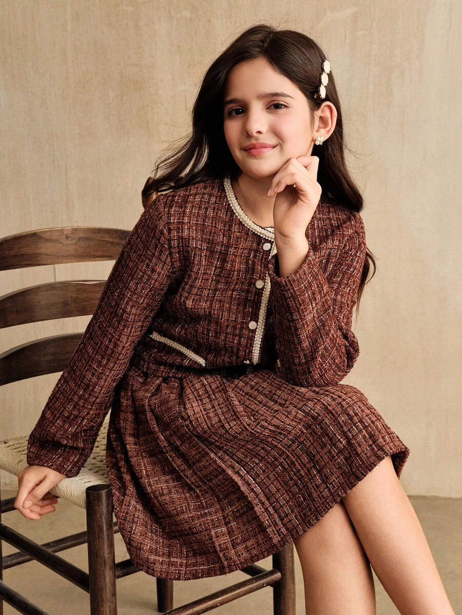 SHEIN Tween Girls 2 Pieces Outfit: Jacket And Pleated Skirt, Suitable For Daily Outings And Gatherings - Brown - View 1