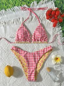 Swim Mod 新款女式夏季两件套随机花卉格子印花三角吊带比基尼上衣和下装套装，海滩度假泳装 - 彩色 - 查看 3