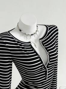 SHEIN Unity Women's Black & White Striped Boat Neck Button-Up Long Sleeve Waist Cinched Bodycon Mini Dress, Sexy Fitted Design, Autumn European Style - Black and White - View 5