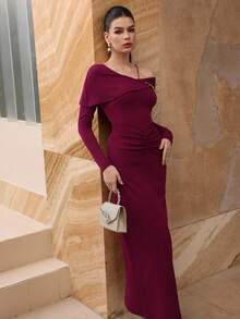 Modelyn Elegante vestido de punto burdeos con volantes y hombros descubiertos, para otoño/invierno