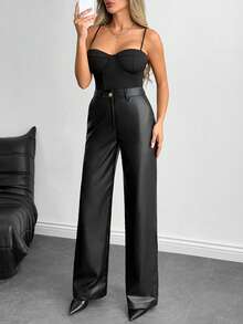 SHEIN Phong cách táo bạo – Quần da bóng bẩy đính đinh tán bên hông / Phong cách nổi loạn thành thị – Quần da đính đinh tán bên hông - màu đen - Xem 3