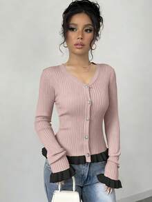 Elenzga Cárdigan de punto acanalado de ajuste ceñido de manga larga con cuello en V y ribete de volantes en color contrastante - Rosa - Ver 4