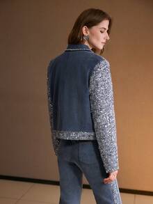 MOTF PREMIUM WOMEN'S SEQUIN PATCHWORK LONG SLEEVE DENIM JACKET, AUTUMN/WINTER - Blue - View 7