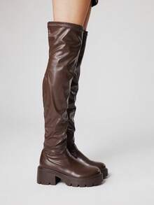 ROMWE 女式厚底粗跟时尚百搭过膝长靴 - 棕色 - 查看 4