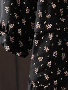Linhara Plus Size Floral Print Front Button Casual Versatile Long Sleeve Dress - Black - View 4