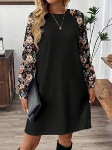 EMERY ROSE 休闲简约风格黑色撞色插肩袖满版碎花女式短裙，百搭秋冬 - 彩色 - 查看 3