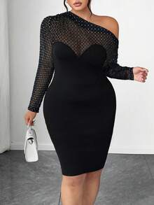 Elenzga Plus Size Asymmetric Collar Mesh Patchwork Long Sleeve Dress - Black - View 6
