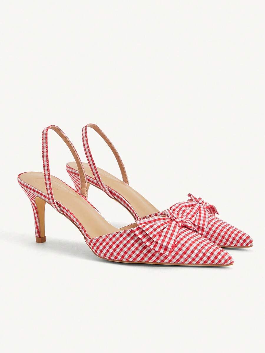 CUCCOO CHICEST Women's Romantic Elegant Pointed Toe Bowknot Strap High Heel Pumps, Classic Plaid Fabric, Slip-On, Suitable For Date, Afternoon Tea, Commute, Valentine's Day - Red and White - View 1