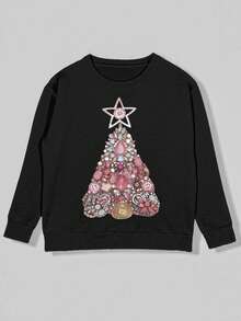 Glissea Colorful Comfortable Christmas Sweater, Women's Round Neck Long Sleeve Star & Christmas Tree Pattern Top, Christmas Gift