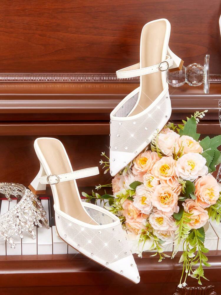 CUCCOO HITCHD Women's Fashion White Luxury Crystal Camellia High Heel Mule Shoes