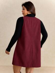 Elaquor 大码女式纯色口袋设计休闲吊带连衣裙，秋季 - 酒紅色 - 查看 2