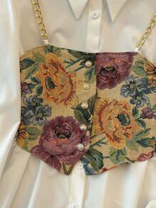 GlowEve 女士优雅提花花卉金属链吊带背心上衣和背心两件套，秋冬 - 白色 - 查看 7